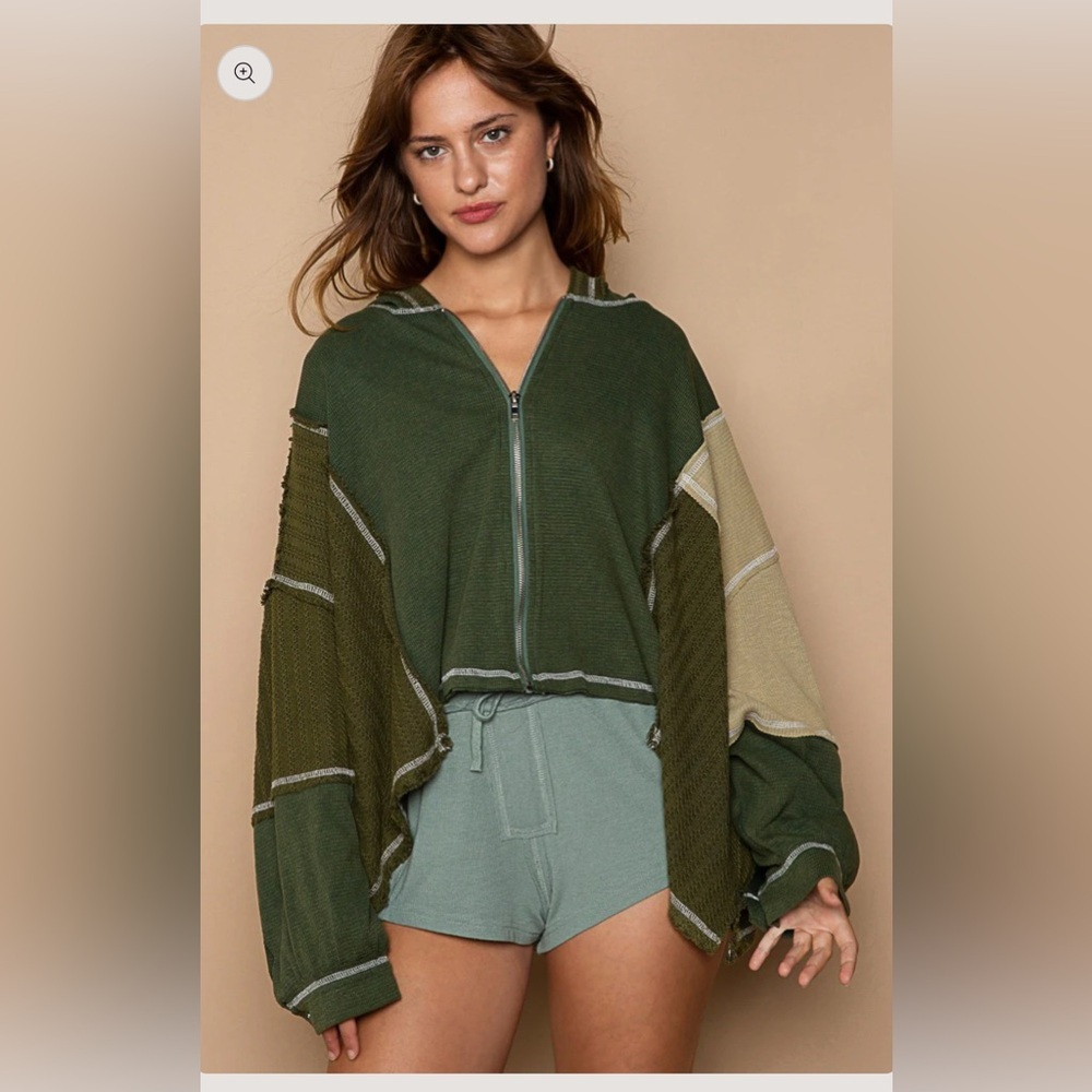 POL Raw Edge Full zip Hooded Sweatshirt Bohemian Oversized Chic , size M - Picture 2 of 12